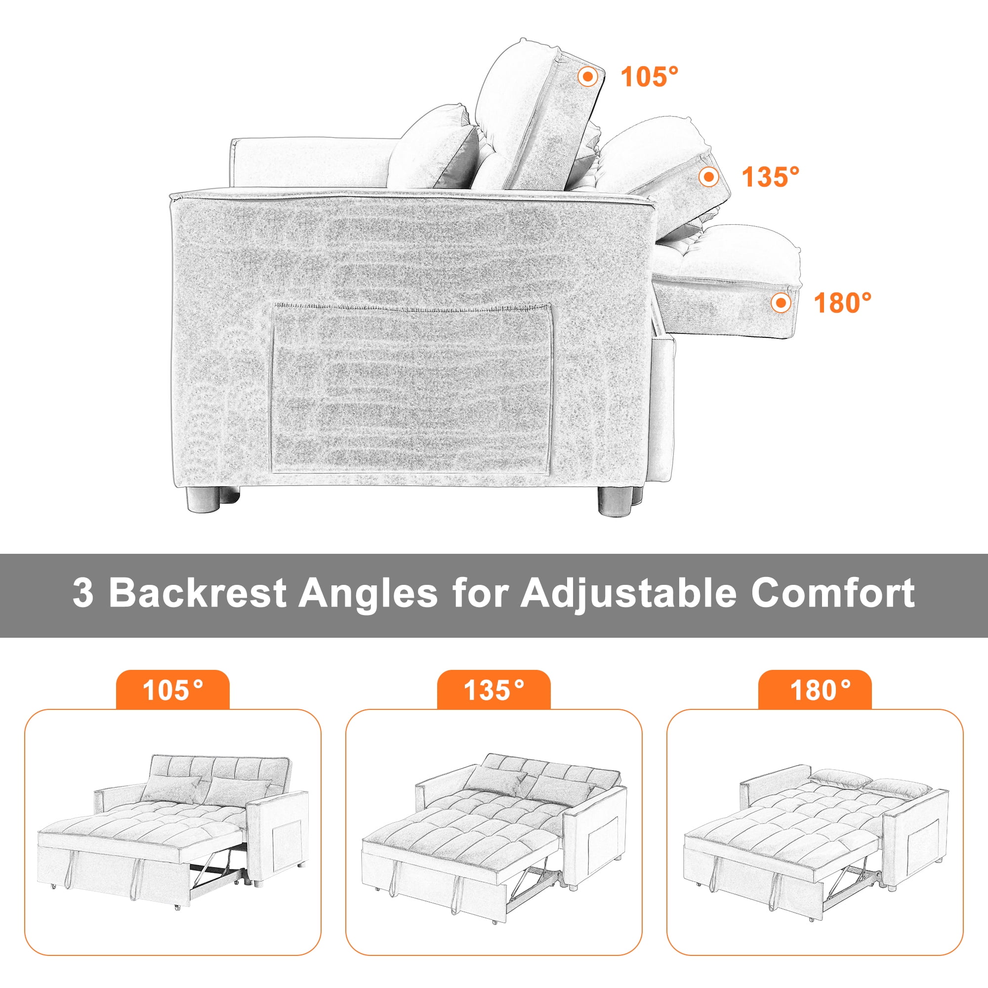 Demi Bonn 3 in 1 Convertible Sleeper Sofa Bed with Side Pocket, Adjustable Backrest Velvet Futon Couches for Living Room, Pull Out Couch, Loveseat, Gray