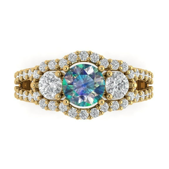2.16 ct Round Cut Blue Moissanite 3 Stone 14K Yellow Gold Womens Engagement Ring