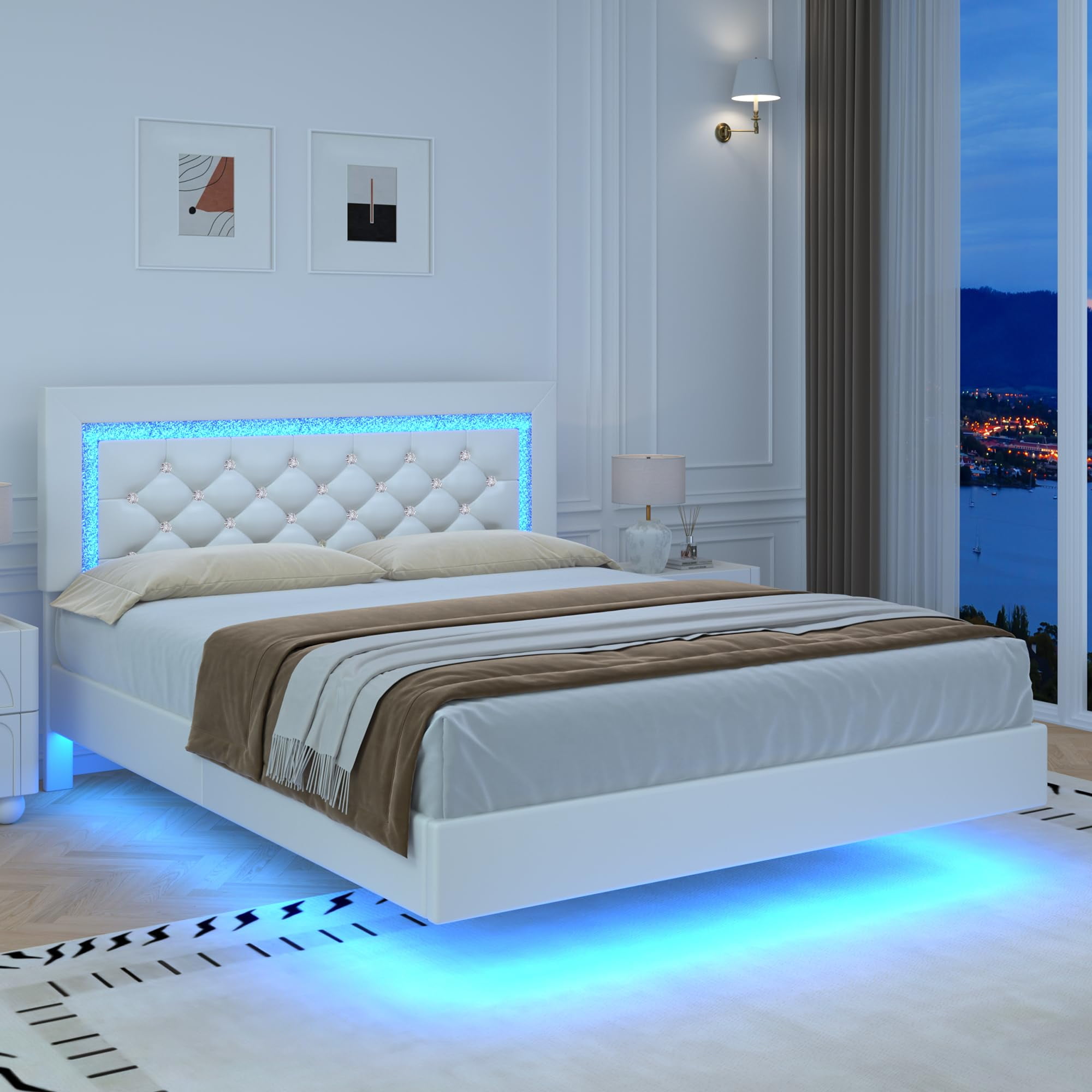 4 EVER WINNER Queen Floating Bed Frame with LED Lights, LED Upholstered Platform Bed Frame with Diamond Tufted Headboard, White LED Bed Frame for Bedroom, White