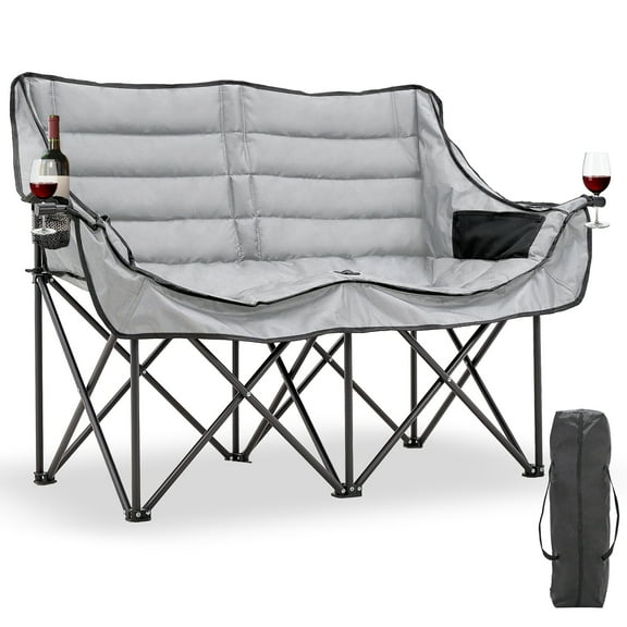 Slsy XXXL Double Camping Chair, Oversized Loveseat Camping Couch, Fully Padded Heavy Duty Outdoor Folding Chair w/ 2 Cup & Wine Glass Holder Support 900 lbs