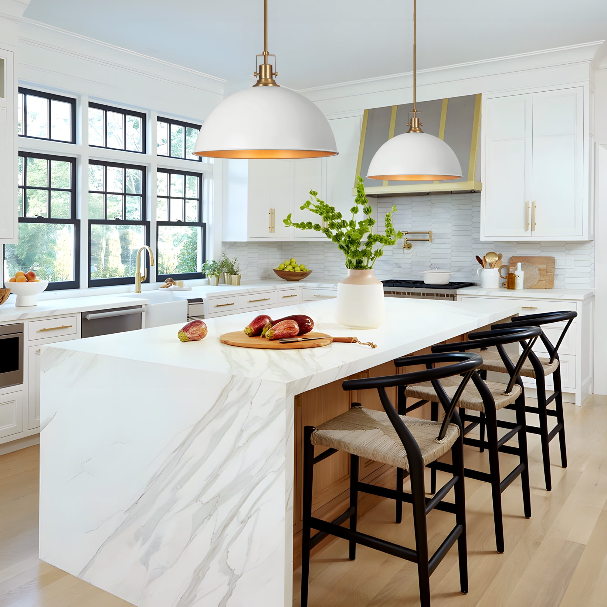 Modern Pendant Light, 18"Farmhouse Pendant Light Industrial Large Dome White and Gold Chandelier Ceiling Hanging Lighting for Dining Room Kitchen Island Bar Hallway Entryway