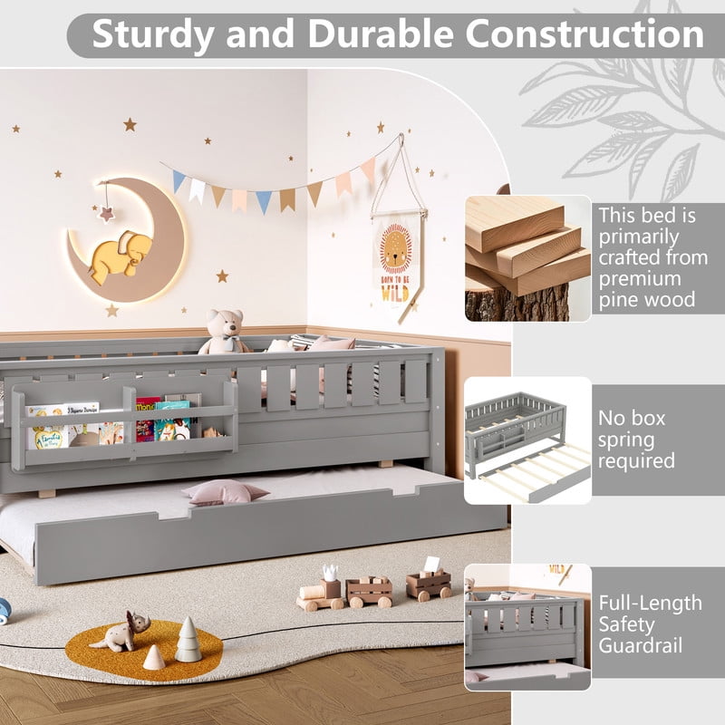 Twin Size Low-Profile Kid's Platform Bed with Built-in Bookshelves & Small Staircase, Wooden Bed Frame with Safety Rails & Trundle