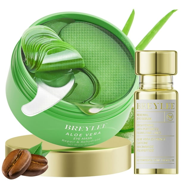 Kit de mascarillas para ojos BREYLEE Renewal Care con aloe vera, 60 unidades y sérum