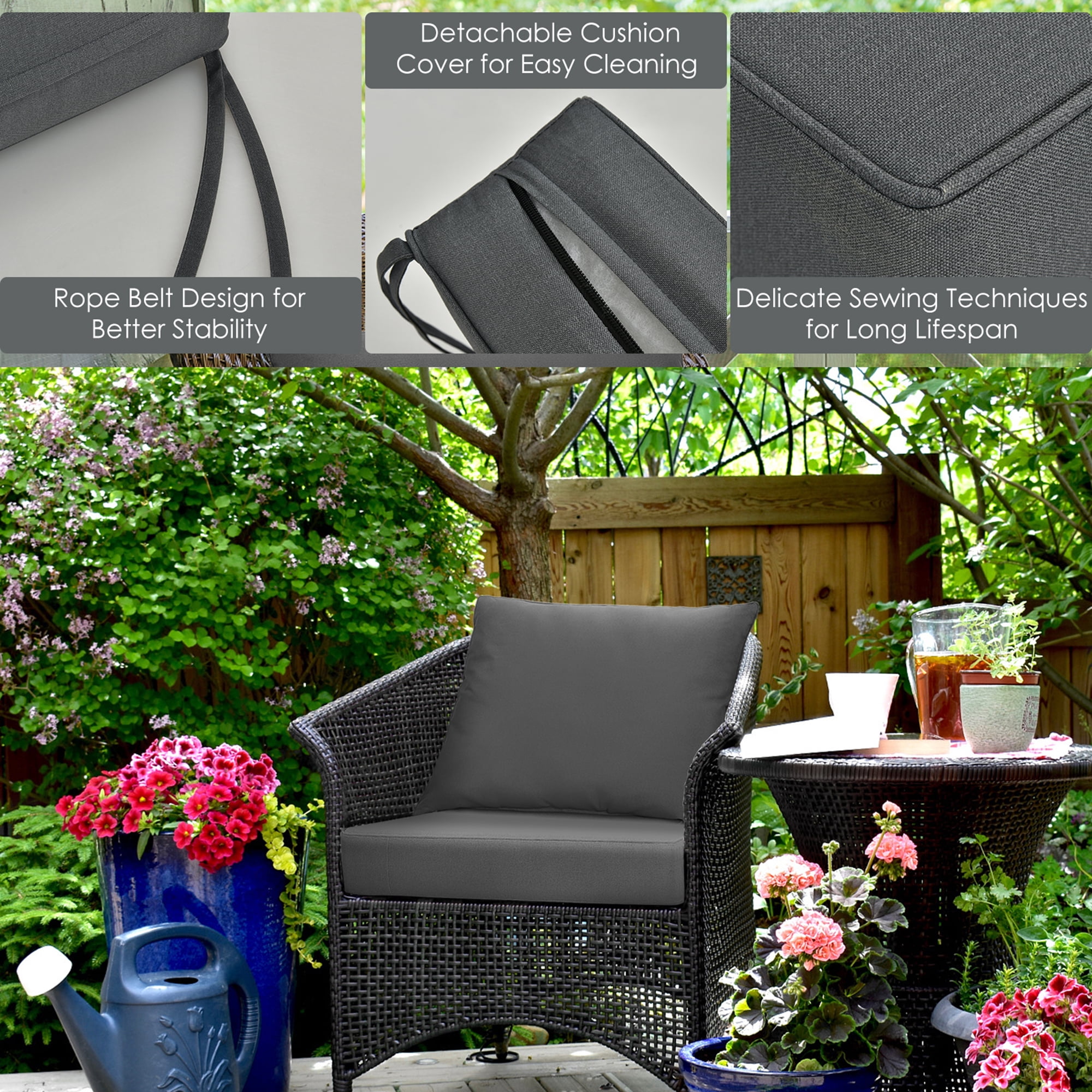 Gymax 2PCS Deep Seat Chair Cushion Pads Set Indoor Outdoor W/ Rope Belts Grey