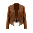 thumbnail image 4 of Women's Fringe Faux Suede Leather Jackets Fashion Fall Western Tassel Motorcycle Cropped Open Front Coats with Rivets Khaki XXL(XXL), 4 of 7