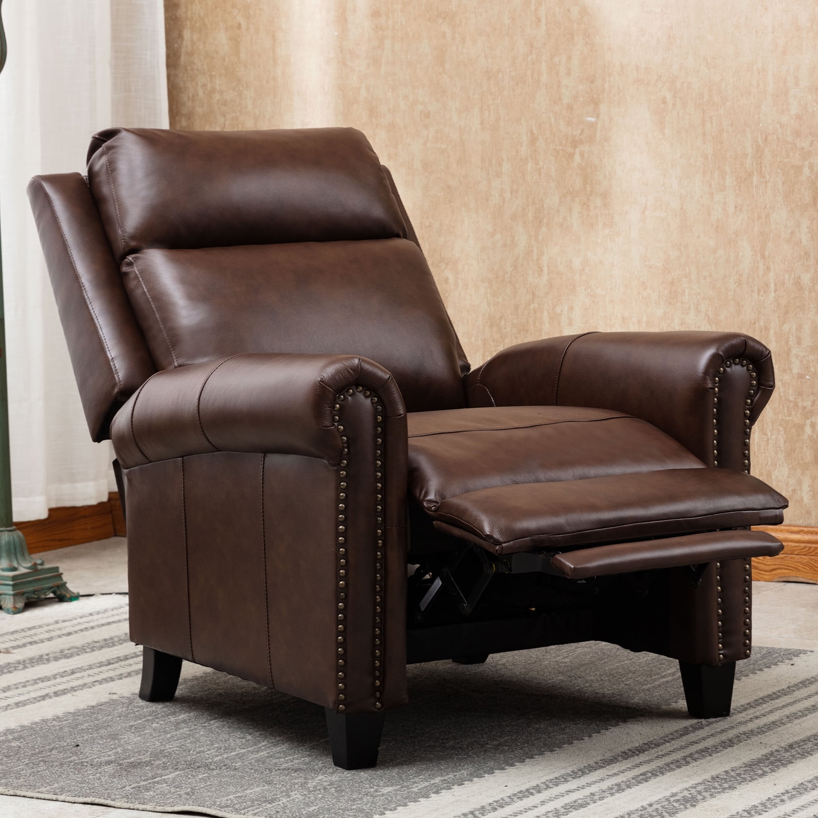 Bonzy Home Genuine leather Recliner Push Back Recline Chair with Classic and Traditional Armrests inlaid with Vintage Rivets, Brown