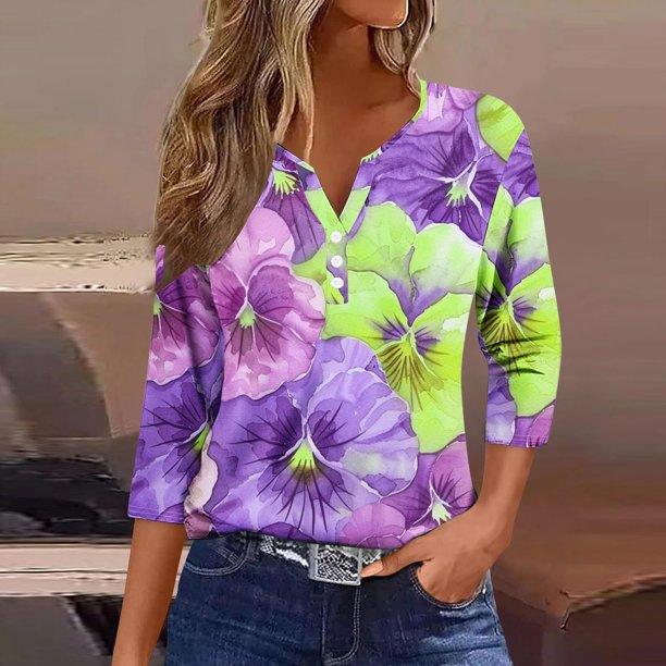 Fiudx Ofertas Flash Del Día Blusa de Manga 3/4 Corta Estampada a La Moda para Mujer, Blusa Informal con Cuello Redondo