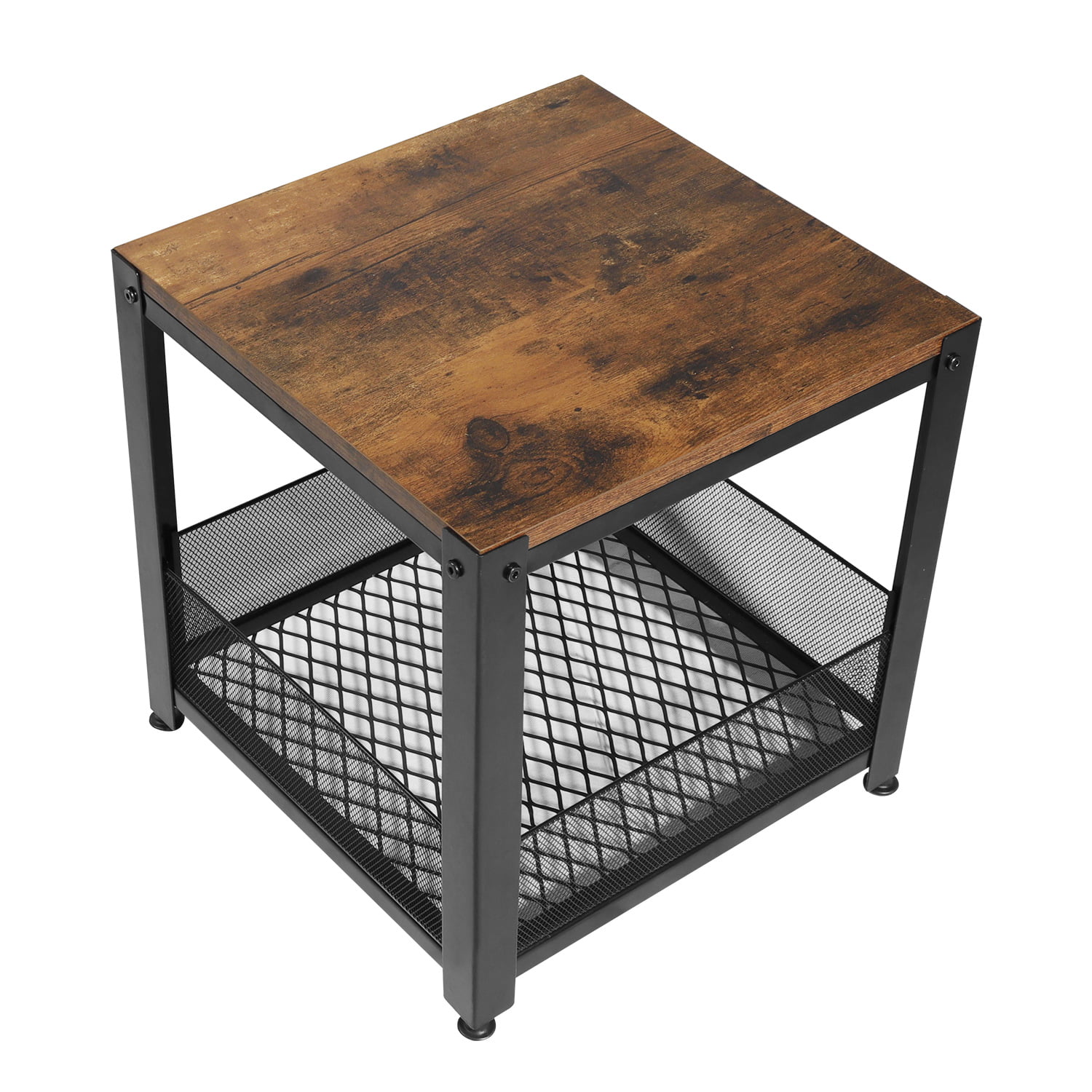 Coffee Table End Table Rustic Industrial Cocktail Wood With Metal Mesh Shelf 