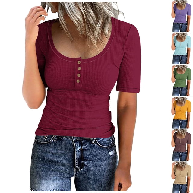 Fanxing Women Knitted T Shirts Slim Fit Crewneck Short Sleeve Summer Tops Solid Ribbed Knit Button Up T-Shirts Wine,XL