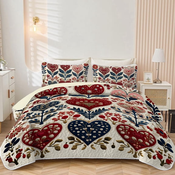 Davulos Bedspreads for Queen Size Bed,3 Pieces Heart Floral Pattern Quilt Set,Soft Microfiber Lightweight Coverlet Bedding Sets for All Season