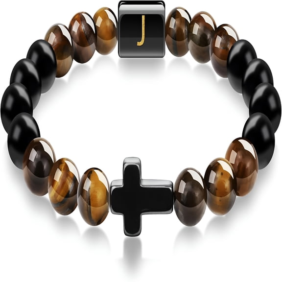 DESIGNICE Mens Bracelet,Cross Bracelet Letter A-Z Initial Bracelet for Men Onyx Tigers Eye Beaded Bracelet Religious Christian Bracelet Anniversary Birthday Gifts for Men Dad Husband Son Mens Jewelry