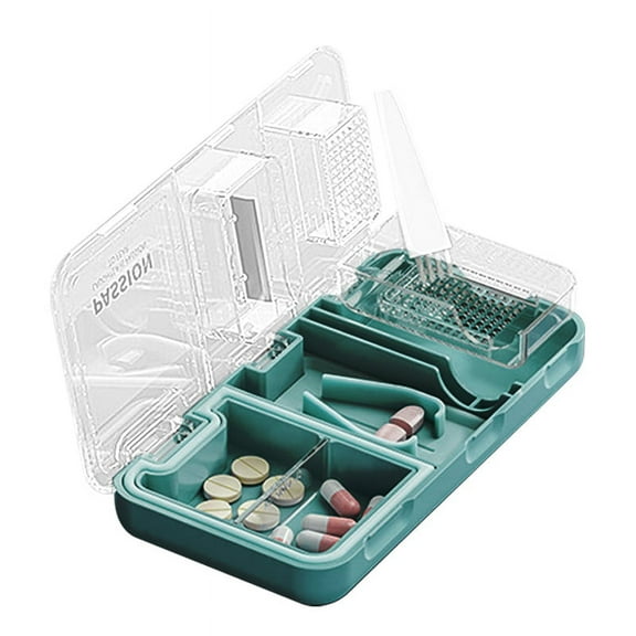 FIEWESEY Pill Crusher Cutter Splitter,3 in 1 Multi-Functional Pill Cutter Crusher, Portable Travel Purse Pill Box Case Holder, Medicine Grinder Container for Cutting Vitamin Tablet - Green