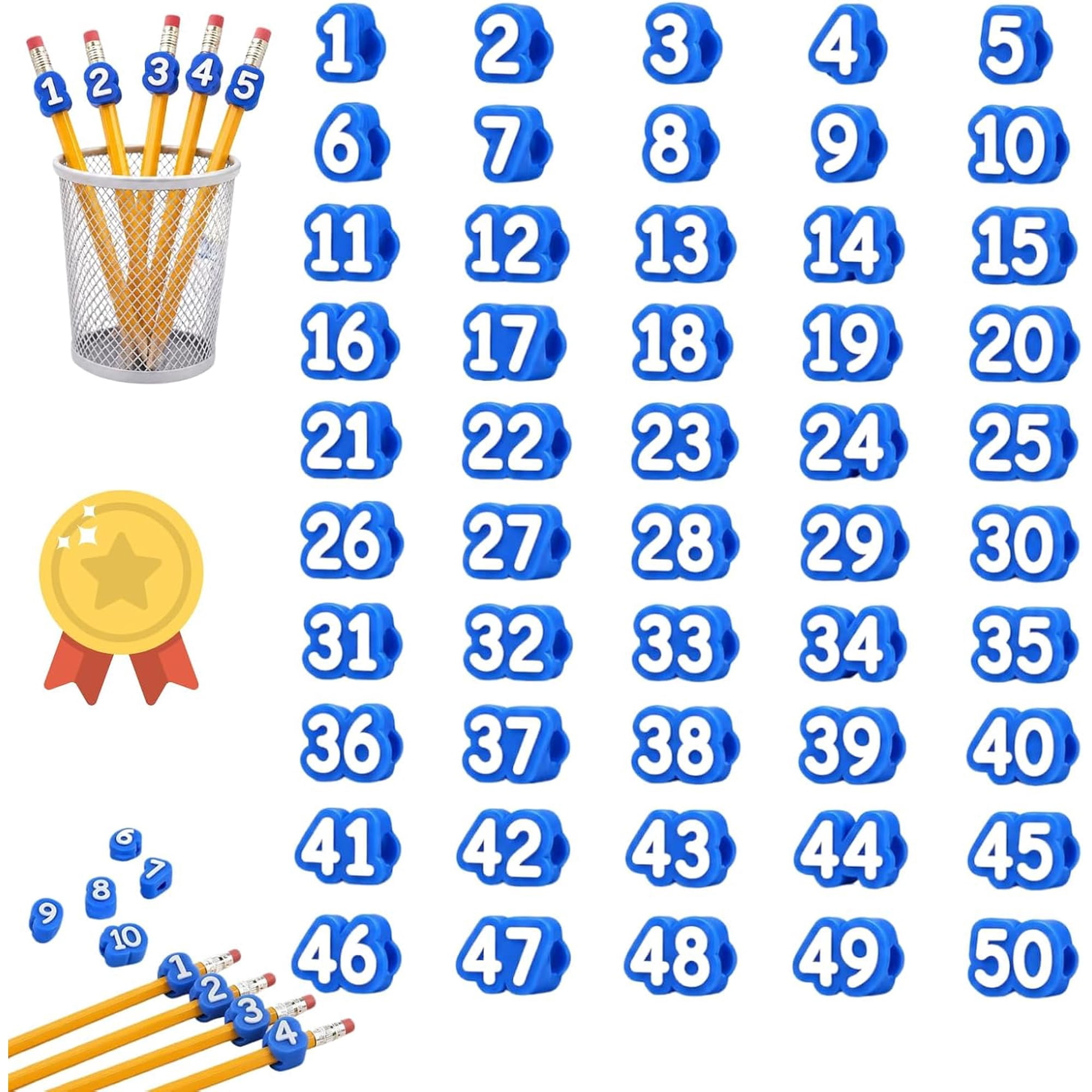 Numbered Pencil Toppers 30/50 PCS Reusable Classroom Pencil (50-Blue) | Numbered PLA markers help teachers sort pencils assign supplies and organize desks bins stations and group activities