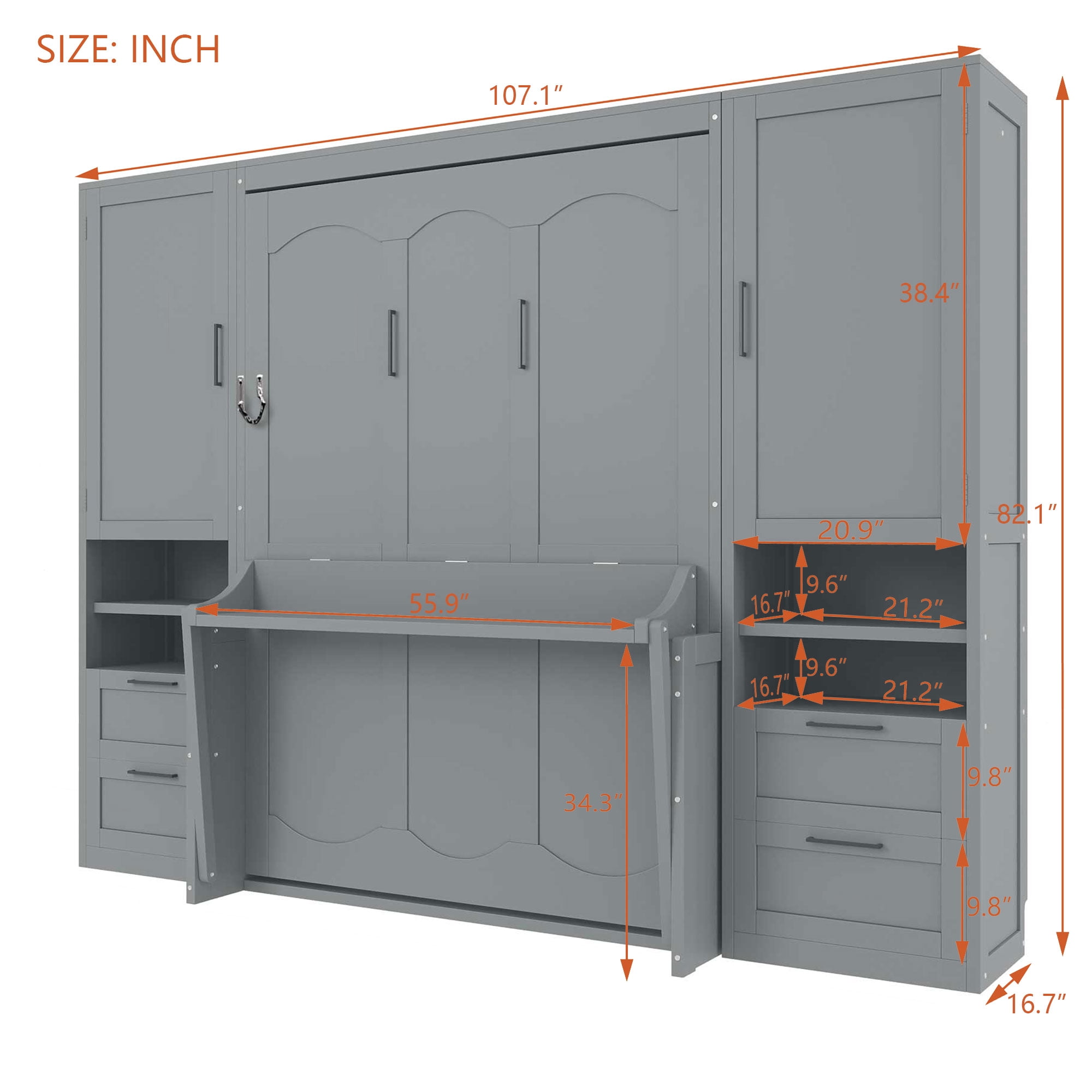 Full Size Murphy Bed with 2 Closet, 4 Drawers and Shelves for Space-Saving Guest Room