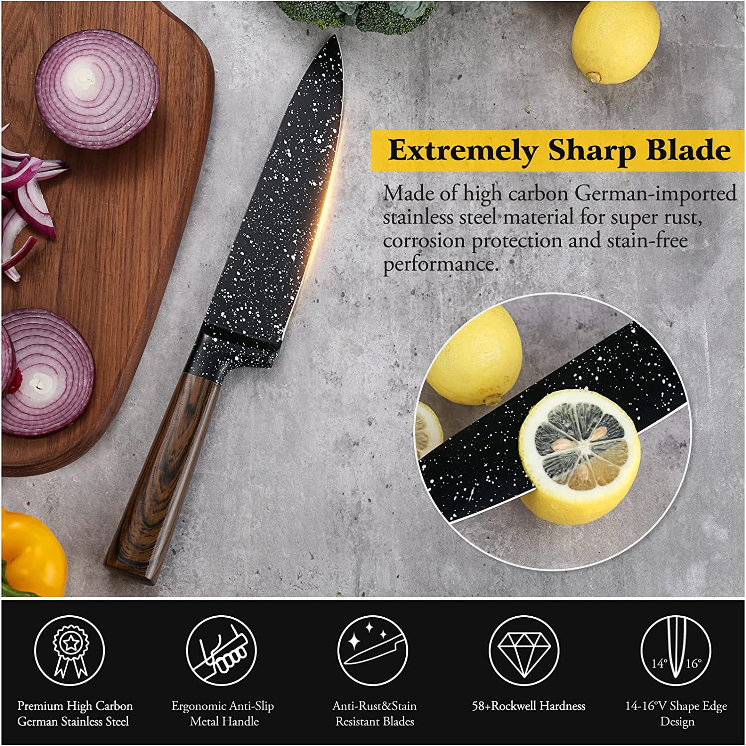 12-Piece Kitchen Knife Set with Wooden Block, Professional Chef Knife Sets with Steak Knives, High Carbon German Stainless Steel Knife with Japanese Designed Wooden Pattern Stainless Handle