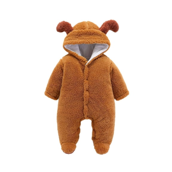 Baby Boy Girls Winter Warm Rompers Unisex Newborn Fleece Outfits Bodysuits Newborn Baby Winter Girls Boys Clothes Warm Animal Bear Ears Overall Rompers Hooded Jumpsuit Brown 0-3 Months