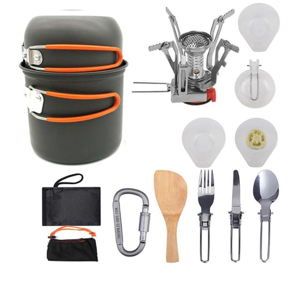 Soidarity 11pcs Camping Cookware Mess Kit w/ Carabiner Pot Set Stoves Kits de desorden para acampar naranja naranja