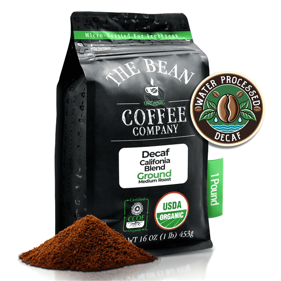 The Bean Organic Coffee Company Water Processed DECAF California Blend, Medium Roast, Ground Coffee, 16-Ounce Bag