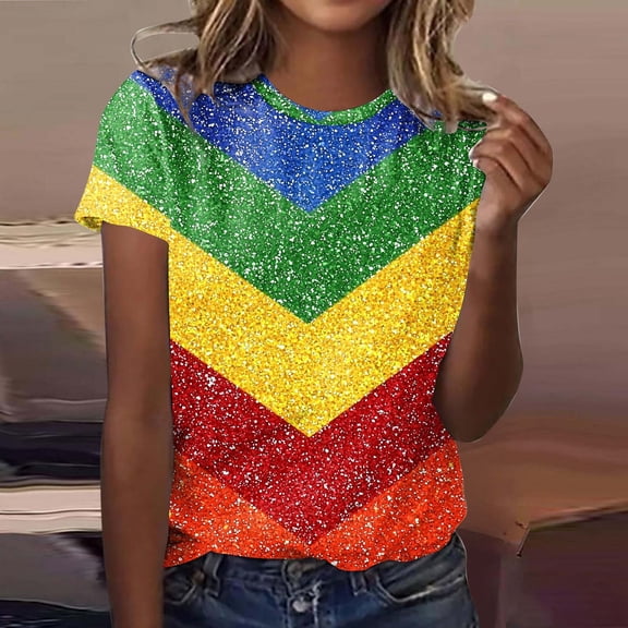 Mardi Gras Tops for Women Carnival Printed Round Neck Short Sleeved Loose Casual T-shirt Yellow XL