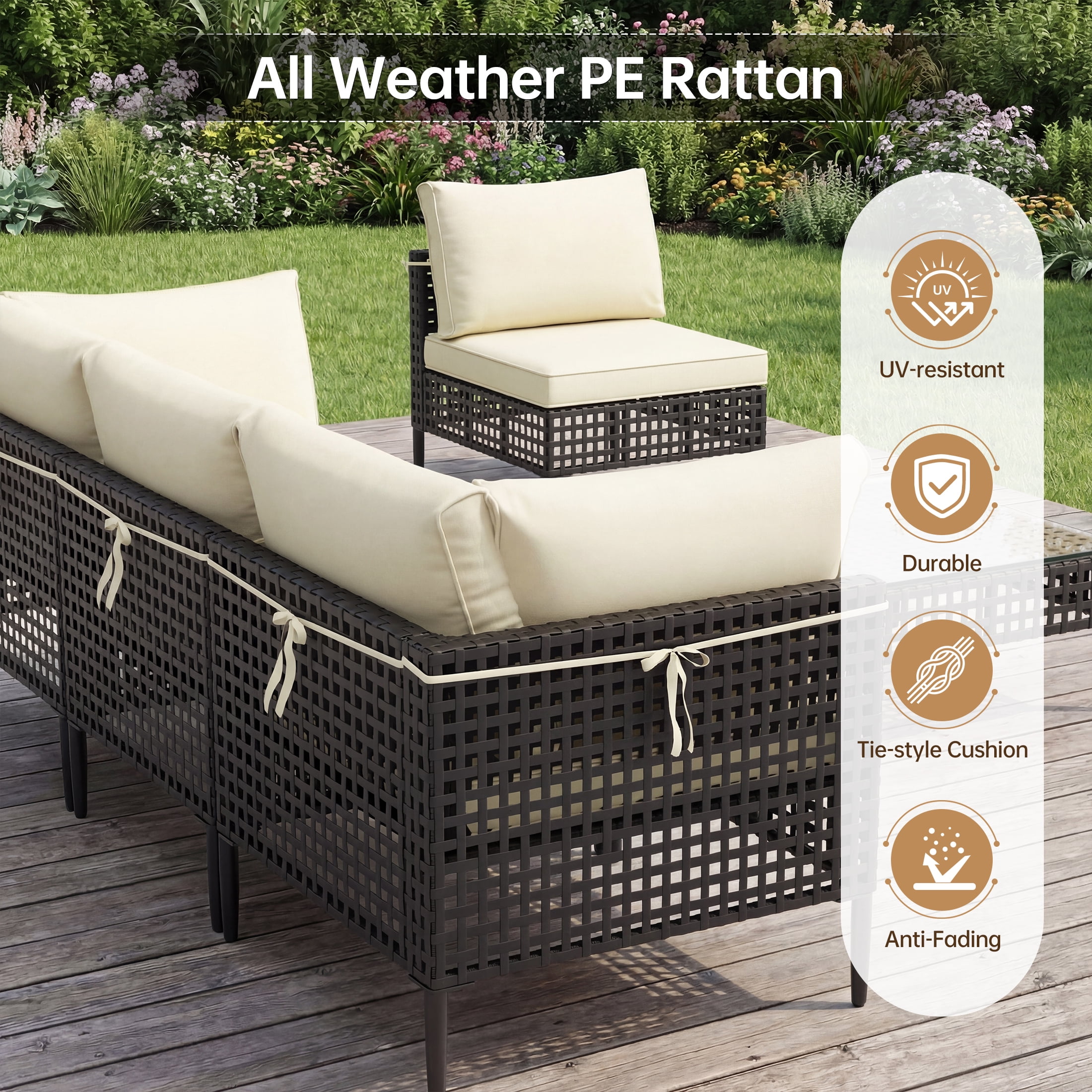 UDPATIO 7 Piece Wicker Patio Furniture Set, Outdoor Conversation Set， Sectional Sofa with Glass Coffee Table， Outdoor Sofa for Porch, Backyard, Black&Beige