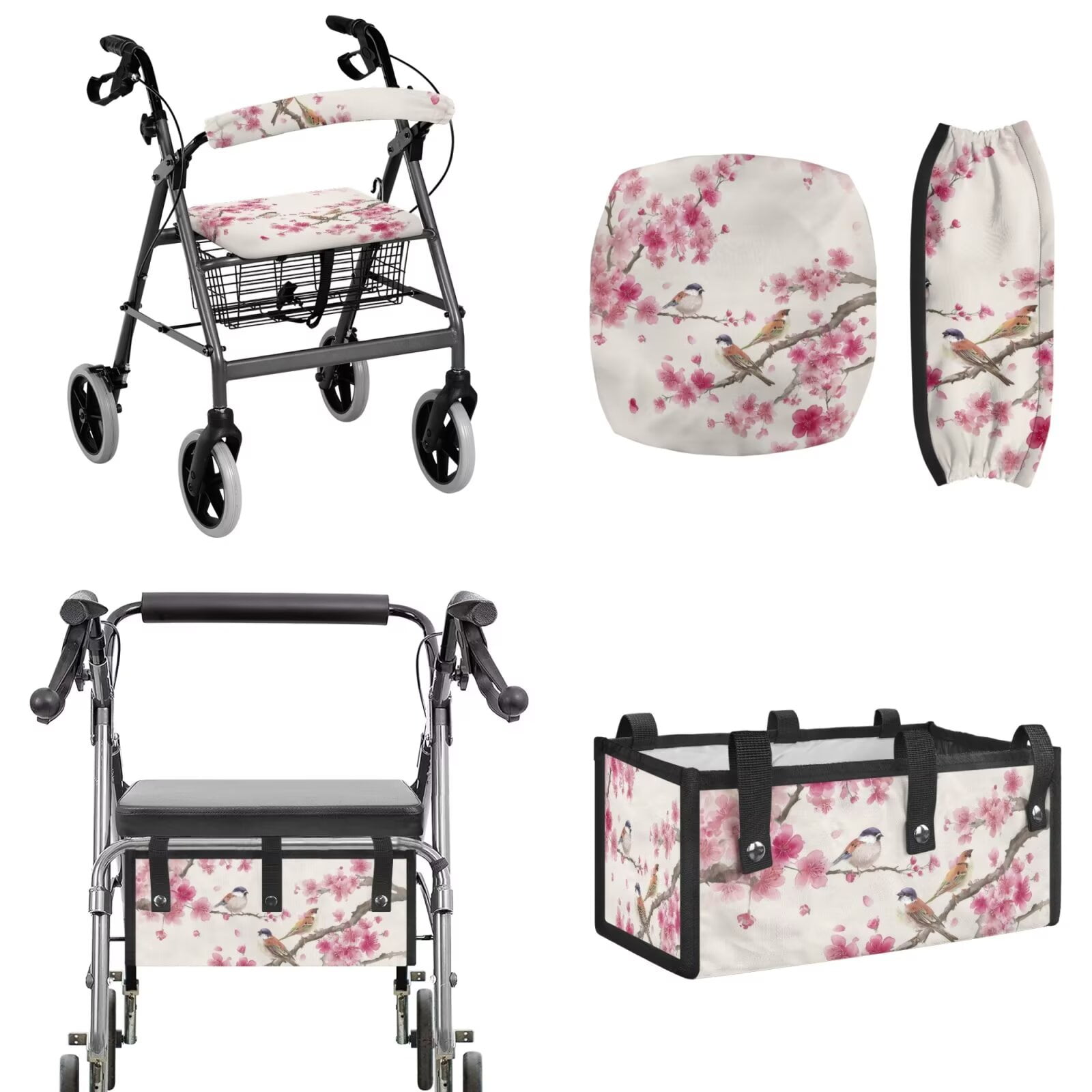TSOVTHRID Robin Bird Cherry Blossom Pattern Mobility Scooter Accessories for 3 Pcs, Walker Seat and Back Rest Covers for Seniors Large Capacity Basket Storage Bag
