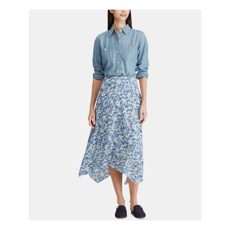 RALPH LAUREN Womens Light Blue Ruffled Floral Midi Skirt