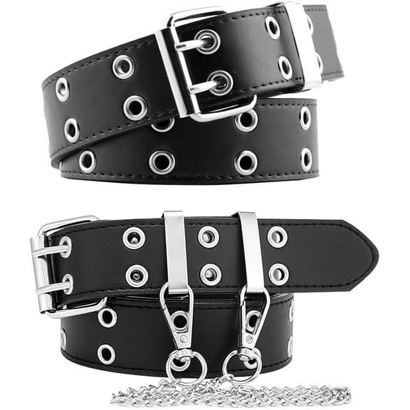 Gothic Belt Double Grommet Buckle Leather Belt for Mens Women Jeans Fashion Belt Punk Rock y2k with Chain
