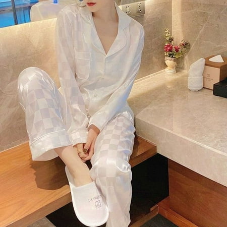 

QWZNDZGR Solid Color Couple Sleepwear Silk Satin Pajama Sets Long Button-Down Pyjamas Home Clothes Pijama Men s Loungewear Plus Size Pjs