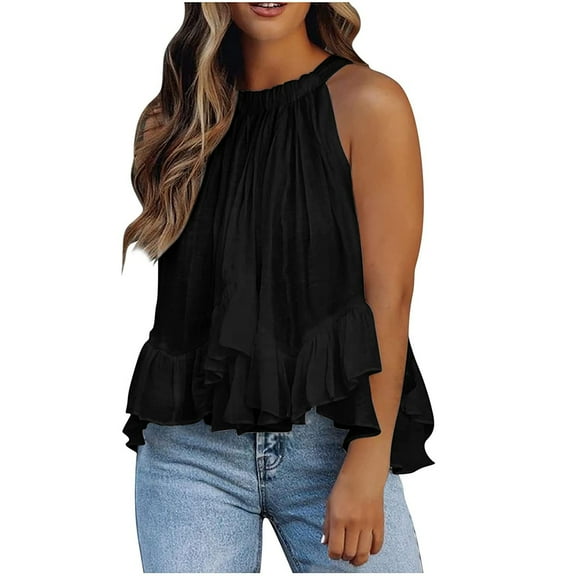 Ichuanyi Halter Flowy Tops for Women Summer Striped Sleeveless Shirts Blouse Casual Tank Tops Ruffle Hem Tops for Juniors