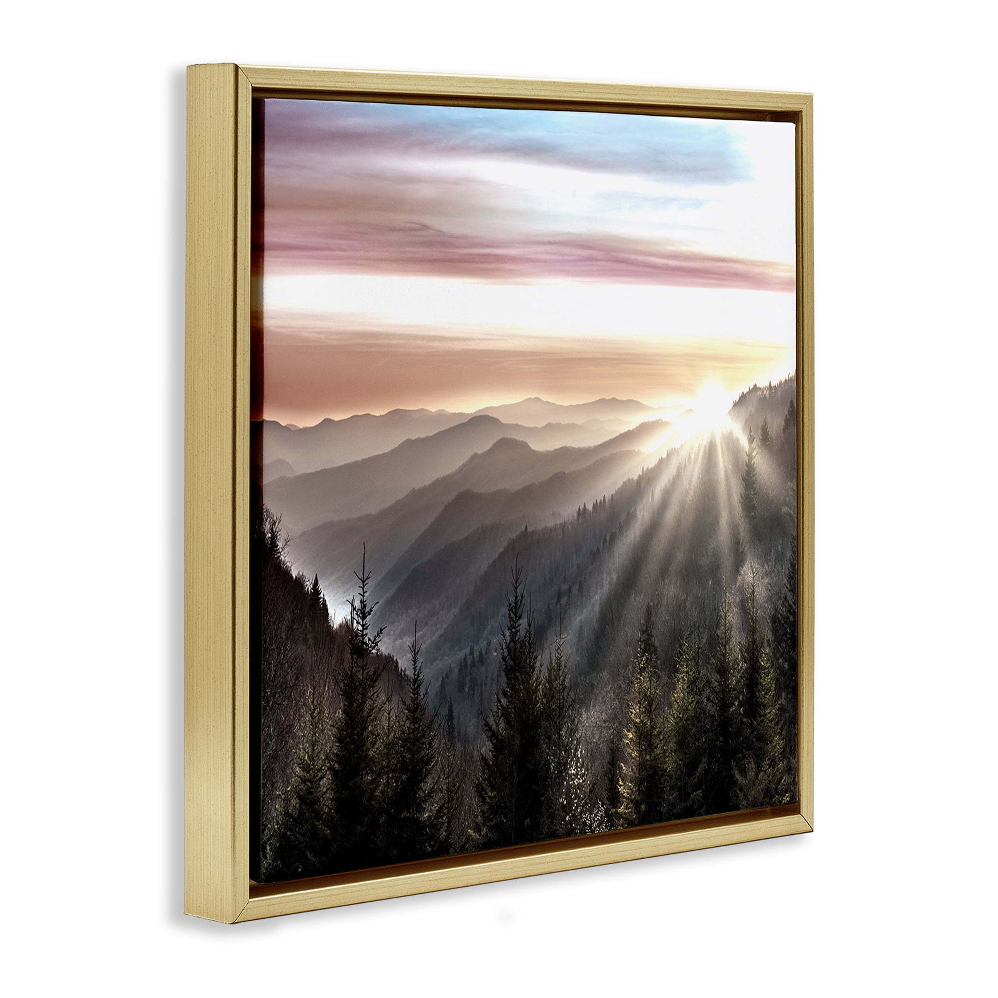Stupell Industries Sun Rays Through Peaks Landscape & Nature Painting Gold Floater Framed Canvas Art Print Wall Art, 25 x 25