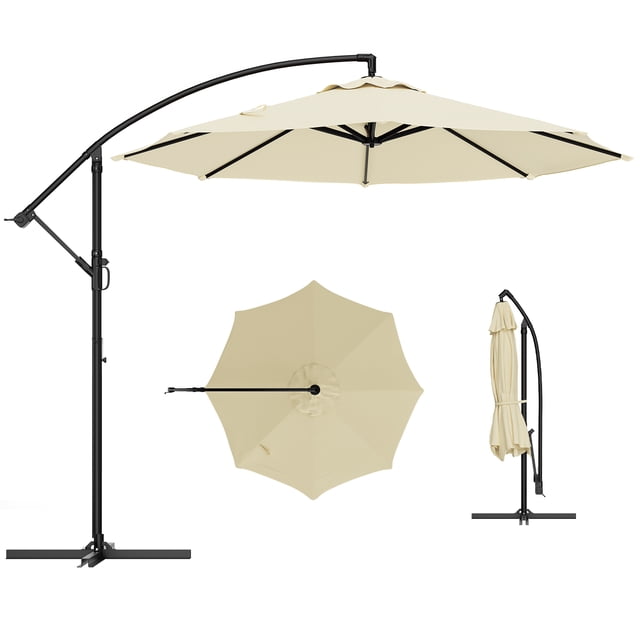 Parasol Déporté de 10 Pi – Rotation à 360°, Inclinaison et Manivelle Faciles, Polyester Résistant aux UV et Imperméable, 8 Nervures Robustes, Pare-Vent pour l'Extérieur pour Jardin, Bord de Piscine, Pelouse, Cour Arrière – Beige