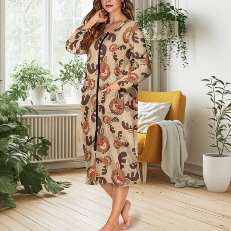ForUDesigns for U Designs Reindeer Pattern House Dresses for Women Soft Long Sleeve House Dresses for Older Women Comfortable Zipper Dusters Robe