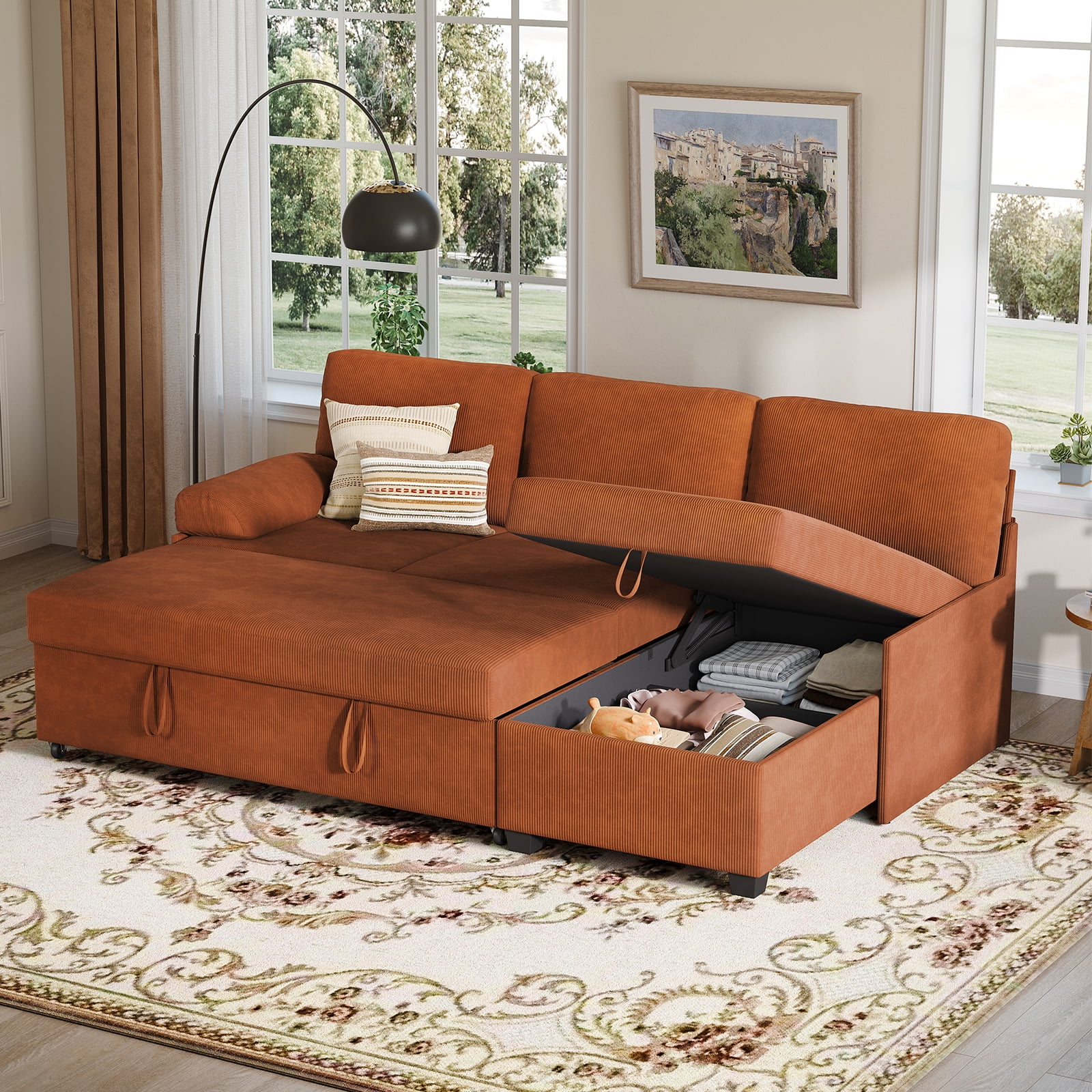COPIAE 80 inch Convertible Sectional Sofa, L-Shaped Sofa Sleeper with Reversible Chaise,Couch Bed with Storage,Removable Armrest,Modern Pull Out Bed for Living Room Bedroom,Corduroy Rust