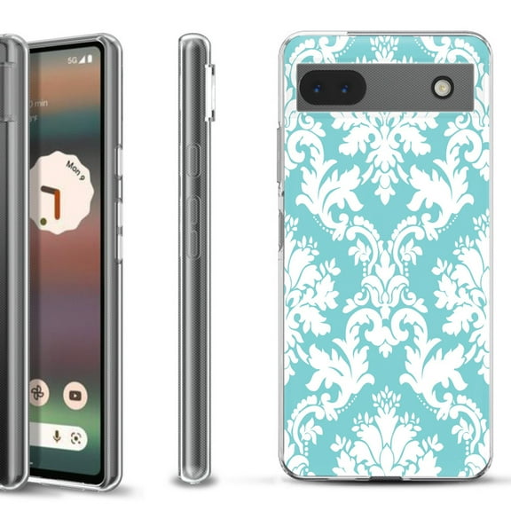 Slim-Fit Gel TPU Phone Case for Google Pixel 6a, by OneToughShield ® - Victorian White/Teal