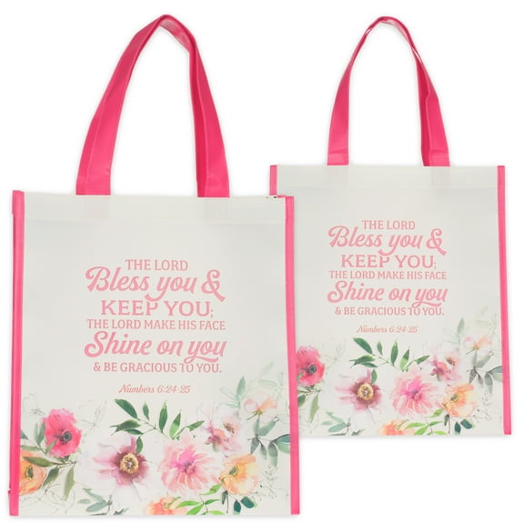 Christian Art Gifts Reusable Shopping Tote Bag for Women: May the Lord Bless You and Keep You - Numbers 6:24 Inspirational Scripture for Supplies, Groceries, Books, Pink & Cream Multicolor Floral