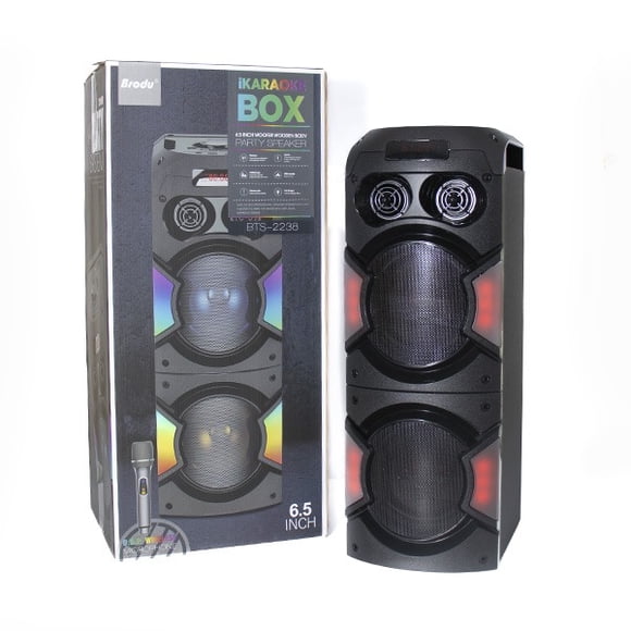 BOCINA BLUETOOTH RECARGABLE CON DOS BOCINAS DE 6.5 PULGADAS, BASS PLUS NEGRO Y LUZ RGB.