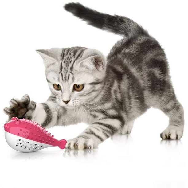 Juguete dental para gatos, juguete de silicona para morder molares, cepillo de dientes con hierba gatera para gatitos, juguete interactivo con forma de pez, higiene dental para gatos (rosa)