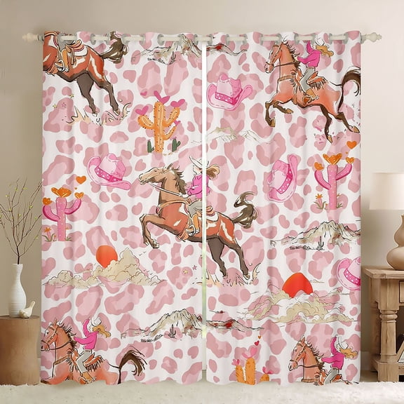 Erosebridal Pink Leopard Cowgirl Horse Cactus Print Black Out Curtains, Western Style Curtains Pack of 2 (42x63 Each) for Girls