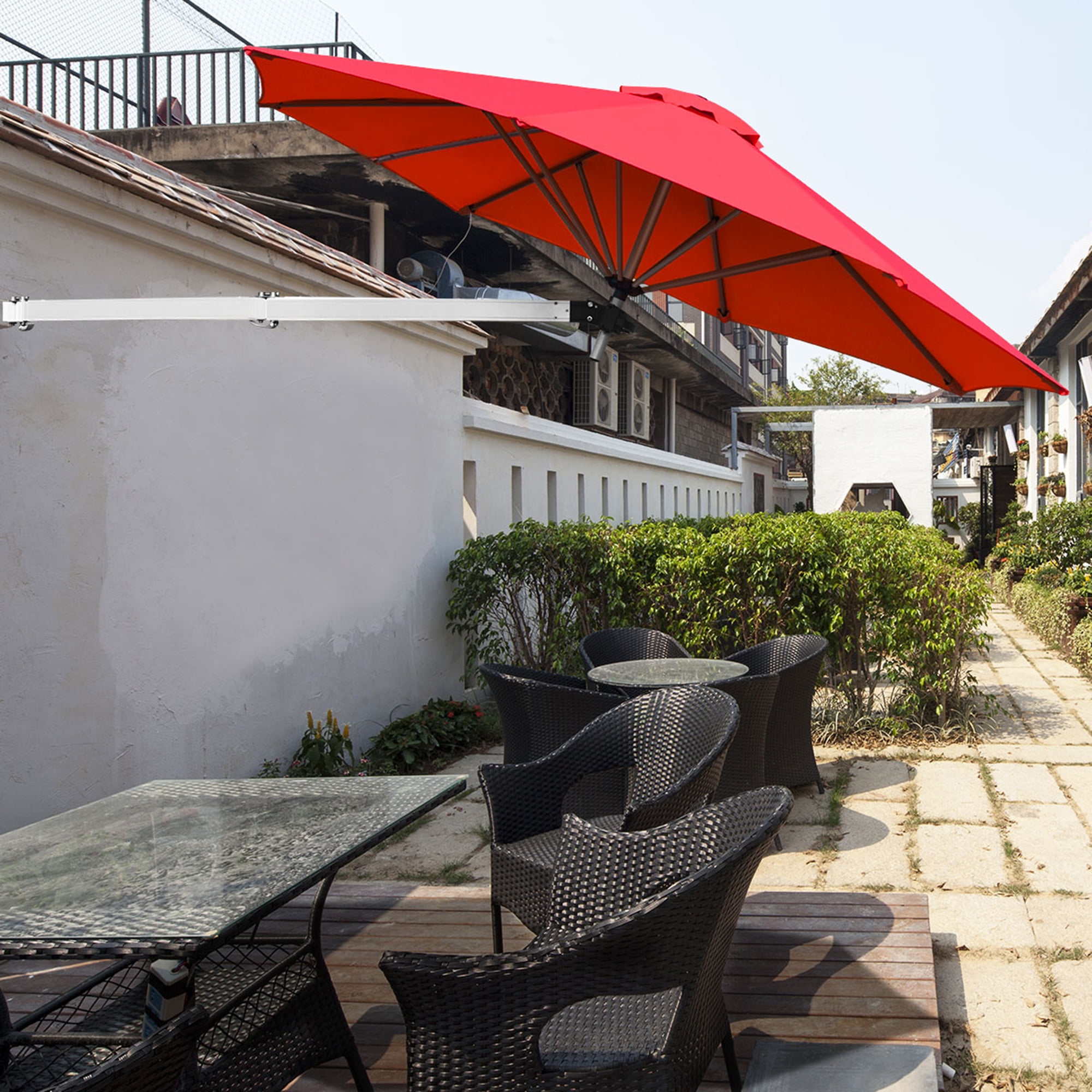 Topbuy 8ft Wall Mounted Cantilever Umbrella Patio Adjustable Tilting Sunshade Umbrella Burgundy