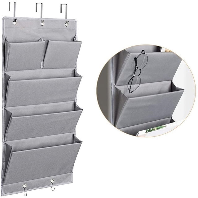 Organizador de archivos para colocar sobre la puerta con 5 bolsillos, ganchos de metal, montaje en pared, bolsa de almacenamiento para colgar en la oficina en casa, para carpetas de archivos