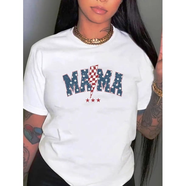 1pc Women'S Casual Crew Neck T-Shirt with Flag Print, Medium Stretch Polyester Knit Fabric, Fashionable Short Sleeve Top for All Seasons