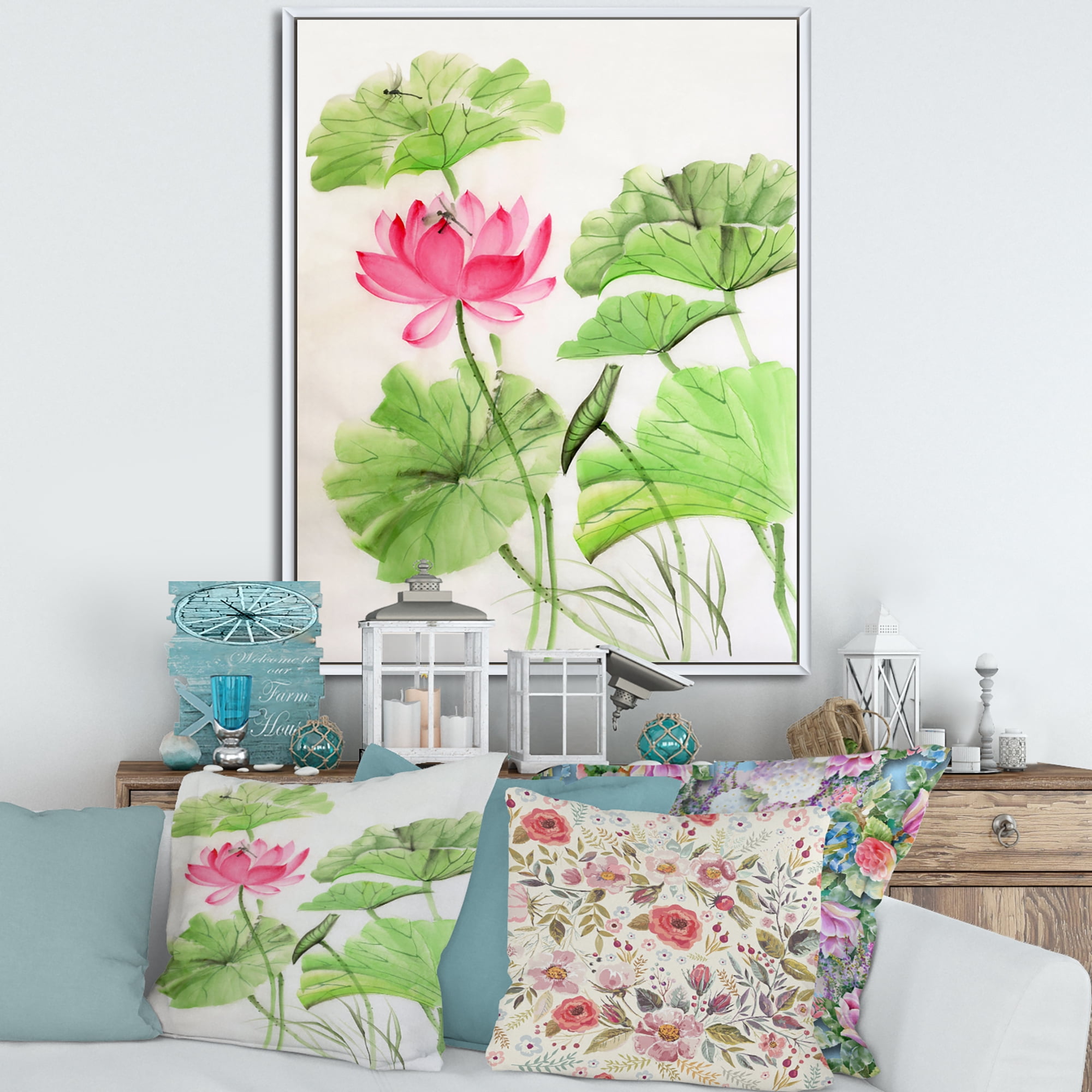 Designart 'Dragonfly and Lotus' Traditional Framed Canvas Wall Art Print