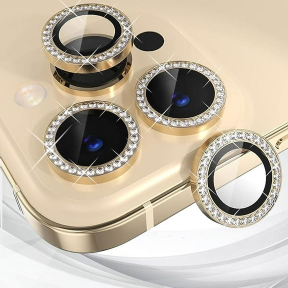 Compatible for iPhone 15 Pro/iPhone 15 Pro Max Camera Lens Protector, Tempered Glass Camera Cover Screen Protector Metal Ring Decoration Accessories IPhone 11 12 13 14 15 Pro Max (Gold - B)