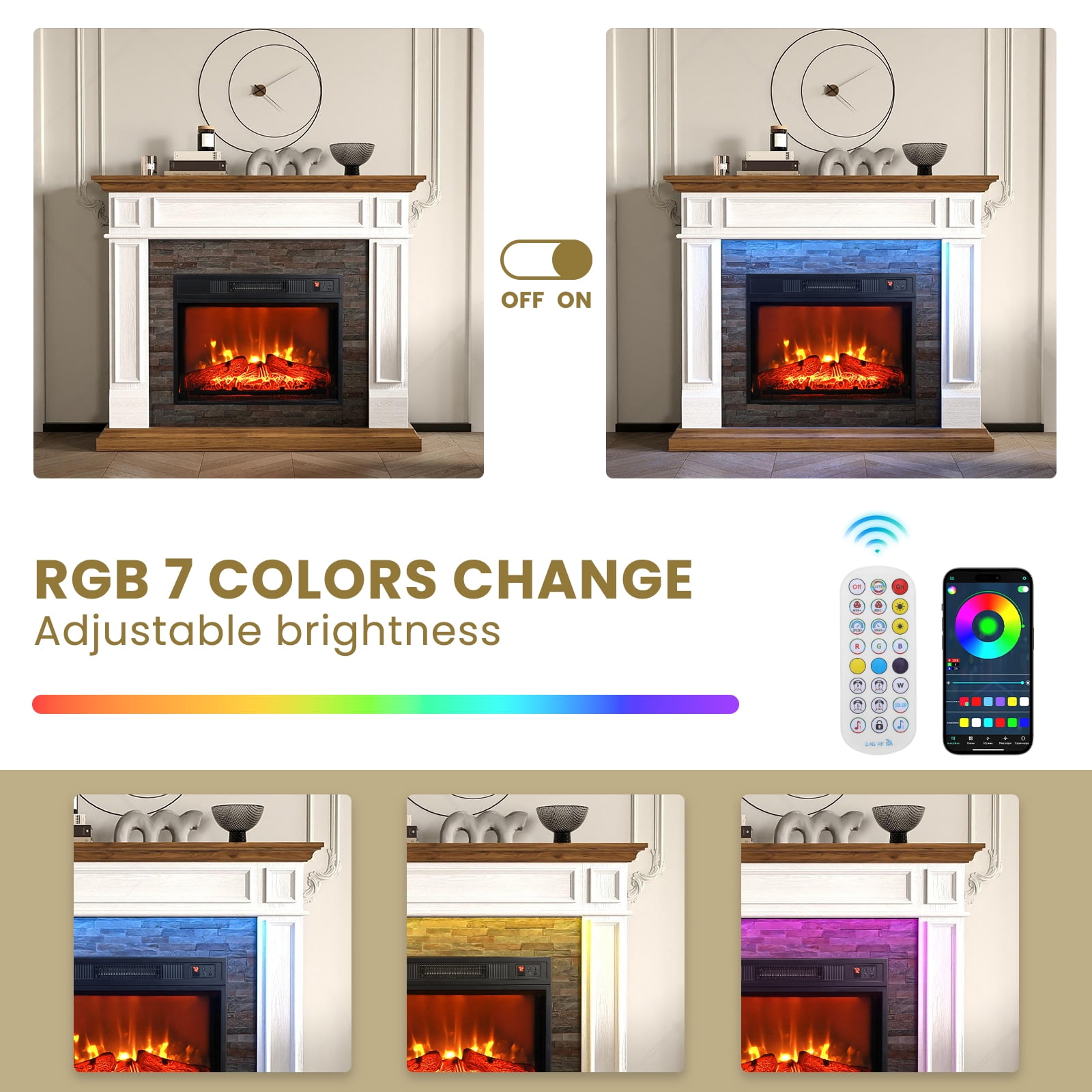 44" Fireplace TV Stand with Led Lights & 23'' Electric Fireplace, Wooden Free Standing Fireplace for Living Room, White & Brown