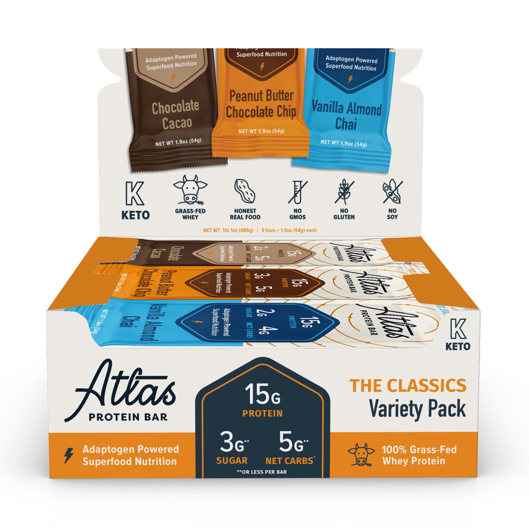 Atlas Bar, Keto & 15g Protein, 1g Sugar, Variety Pack with three