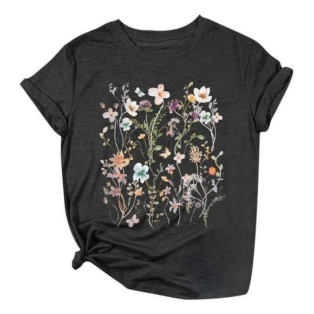 WEIYLL T-Shirt pour Femmes Imprimé Floral Col Rond Manches Courtes Tee Noir Tailles m