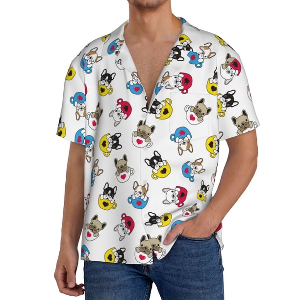 Balery French Bulldog With Coffee Cup Camisa Casual de Manga Corta con Botones para Hombre, Texturizada, Estilo Cubano, para Playa, Verano-Small