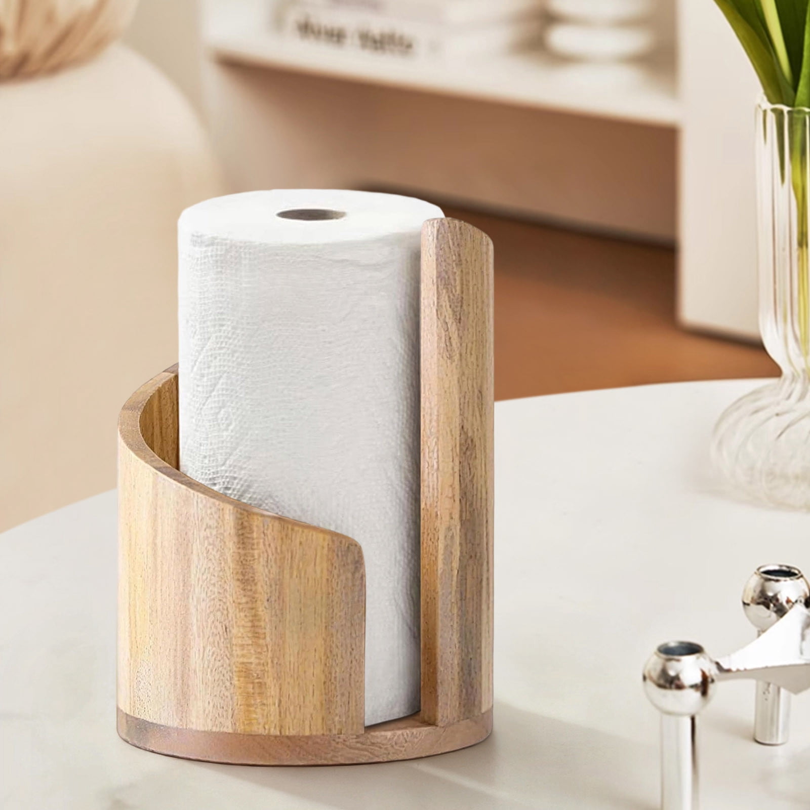 Farmhouse Style Paper Towel Holder Countertop Stand with Wood Base for Kitchen Bathroom, One-Handed Tear Dispenser, Freestanding Roll Holder for Standard and Jumbo Rolls, Rustic Home Decor
