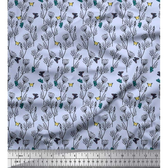 Soimoi Blue Cotton Voile Fabric Insect & Floral Artistic Decor Fabric Printed BTY 56 Inch Wide