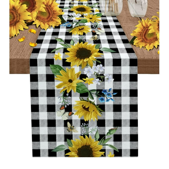 Table Runner Dresser Scarves 90 Inch Long, Fall Sunflowers Floral Linen Dining Table Runners Vintage Black White Buffalo Checker Tabletop Scarf for Wedding Holiday Party Kitchen